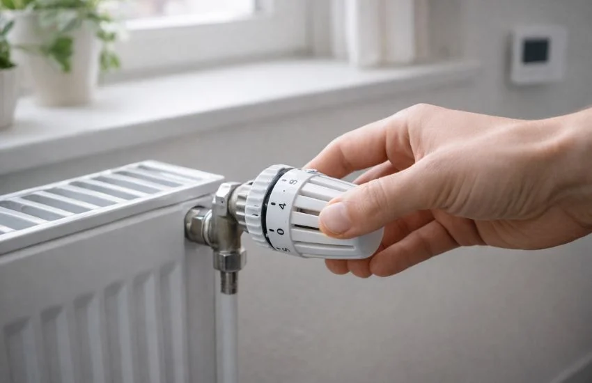 Mano ajustando la válvula termostática para apagar un radiador y reducir el calor en una estancia.