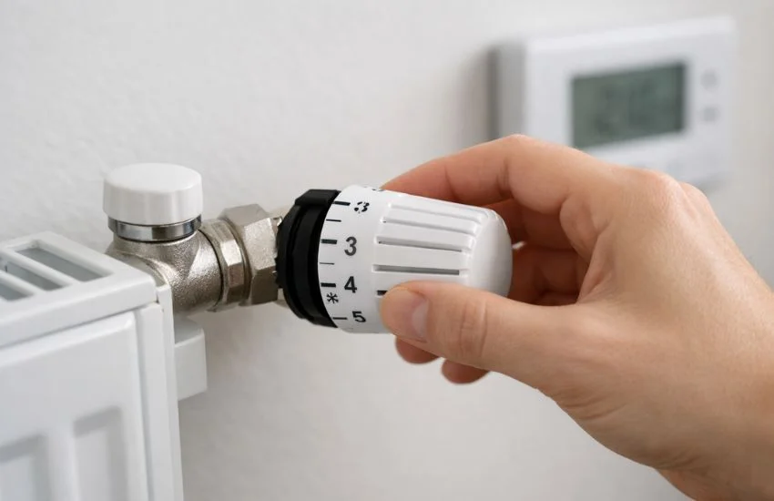 Mano girando la válvula termostática para apagar un radiador de agua en el salón, con el termostato al fondo.