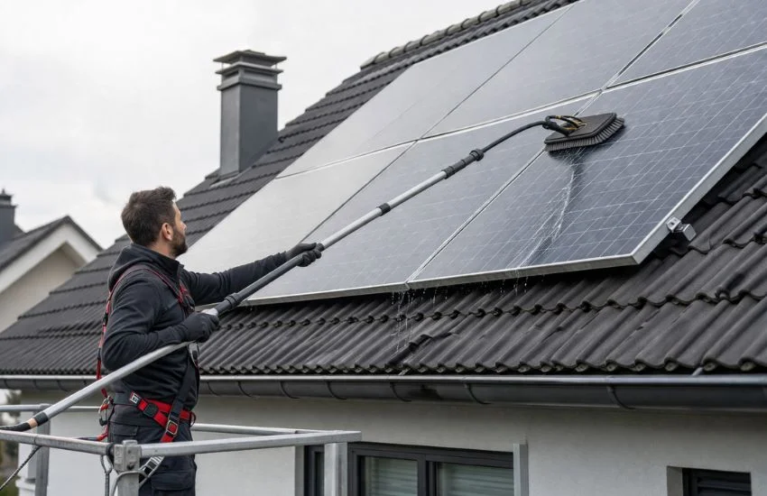 Limpieza manual de placas solares con herramienta suave y pértiga telescópica en una cubierta doméstica.