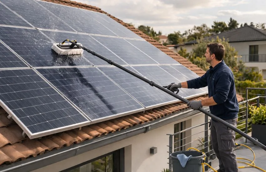 Cómo limpiar placas solares con agua y herramienta suave en una cubierta doméstica sin dañar la superficie