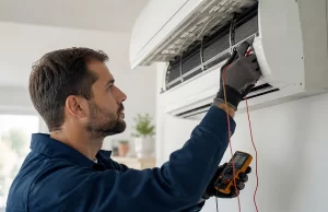 Técnico revisando si falta gas refrigerante al aire acondicionado en una unidad doméstica con herramientas de medición