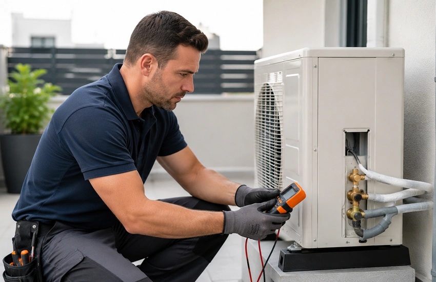 Técnico comprobando tuberías y conexiones para valorar si falta gas refrigerante al aire acondicionado.