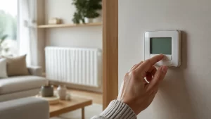 Termostato ajustado a la temperatura ideal de la calefacción en casa en un salón confortable durante el invierno