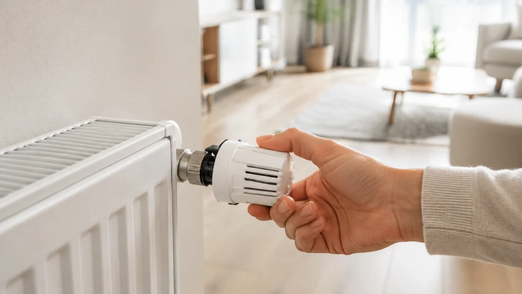 Ajuste de una válvula termostática para regular la temperatura de la calefacción en una estancia