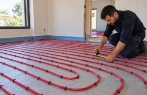 Técnico comprobando la separación de los tubos de suelo radiante en una vivienda en reforma.