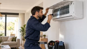 Técnico revisando los filtros de un aire acondicionado con la tapa frontal abierta en una vivienda.